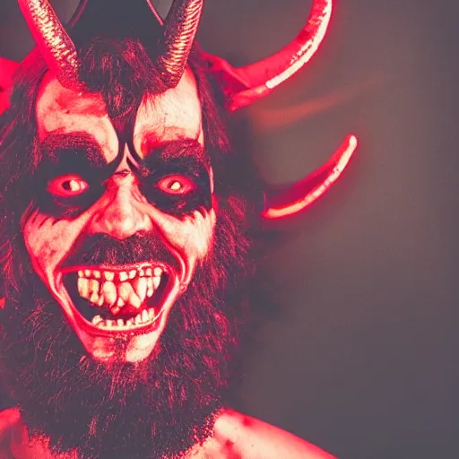 Image similar to a close up of a Rabbi that is the devil with horns looking at the camera in anger, cyberpunk art, neon, satan, red skin, dark, ominous, haunting, sinister, close-up, studio lighting, red lighting, scary, horror, dark,