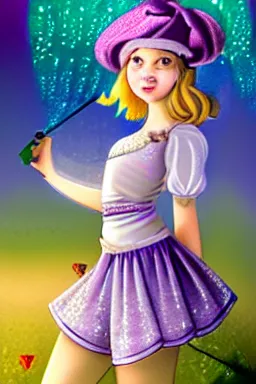 Image similar to Full View fairy maiden with short blond hair wearing an oversized purple Beret, Baggy Purple overall shorts, Short Puffy pants made of silk, silk shoes, a big billowy scarf, Golden Ribbon, and white leggings Covered in stars. covered in embroidery. Short Hair. peasant magic. masterpiece 4k digital illustration by Ruan Jia and Mandy Jurgens and Artgerm and william-adolphe bouguereau, award winning, Artstation, art nouveau aesthetic, Alphonse Mucha background, intricate details, realistic, panoramic view, Hyperdetailed, 8k resolution, intricate art nouveau