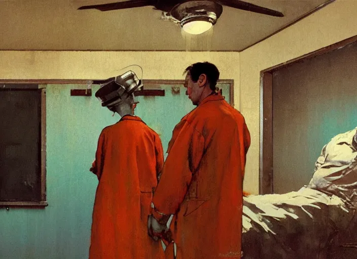 Image similar to a still from the movie one flew over the cuckoo's nest by francis bacon and norman rockwell and james jean, and mark brooks, triadic color scheme, by greg rutkowski, syd mead and edward hopper and norman rockwell and beksinski, dark surrealism, orange and turquoise