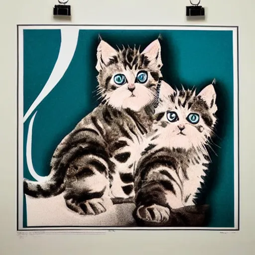 Prompt: silk screen poster of angry kittens in style of frank kozic