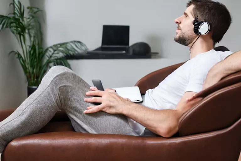 Prompt: a caucasian man who is deep in thought is wearing a white t - shirt and he is wearing black sweat pants and he is wearing headphones and he has an open laptop on his lap and he is relaxing in a brown leather chair that is in the reclining position