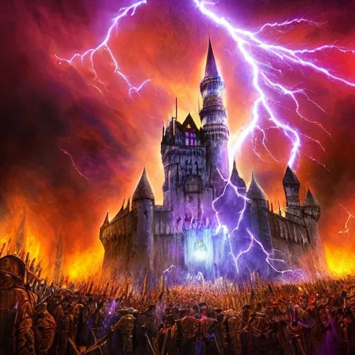 Image similar to A photo of a million sorcerers holding torches attacking magic castle under siege, fire from sky, blue lightnings, dramatic purple thunders, golden meteors, war, dramatic shadows, powerful photo, magic, dramatic lighting, intricate, wild, highly detailed, digital painting, artstation, concept art, smooth, sharp focus, illustration, art by artgerm and greg rutkowski and alphonse mucha, footage