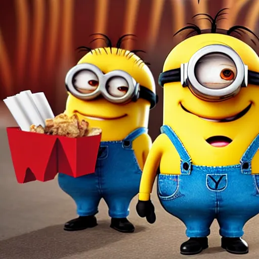 Prompt: mcdonald happy meal mascot and minions in a gunfight