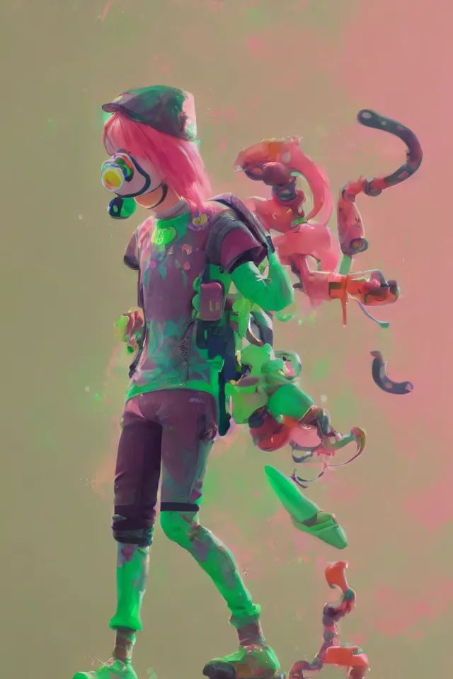 Image similar to a beautiful fullbody portrait of a cute happy splatoon boy with pink hair and green eyes wearing sports clothing tight leggings. character design by cory loftis, fenghua zhong, ryohei hase, ismail inceoglu and ruan jia. artstation, volumetric light, detailed, photorealistic, fantasy, rendered in octane