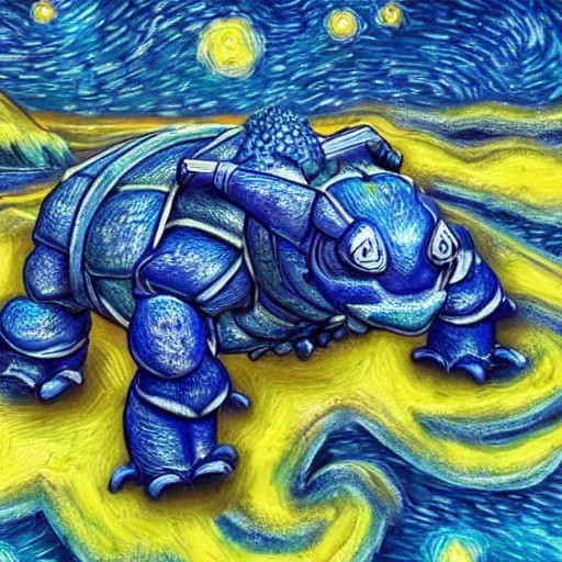 Image similar to highly detailed 3 d blastoise, the background is the starry nights by van gogh, oil - on - canvas painting, hdr, 4 k