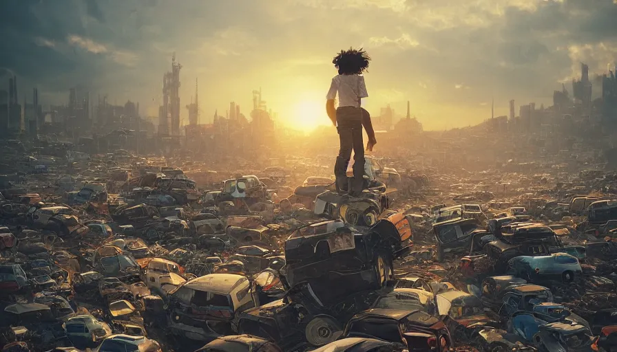 Image similar to kid standing on pile of cars on garbage dump, wasteland city, sunset sky, nostalgia feeling, greg rutkowski, alphonse mucha, trending on artstation, 4 k highly detailed art, digial art, karl schulschenk, dmitriy eremenkov