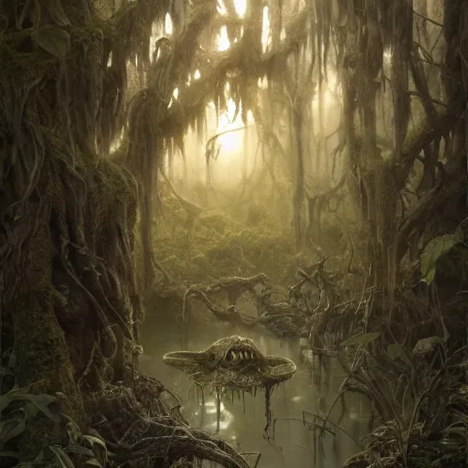 Image similar to swamp with a rotten stem formed like the face of nick nolte, at dusk, misty athmosphere, ultra realistic, concept art, intricate details, eerie, highly detailed, photorealistic, octane render, 8 k, unreal engine. art by ed binkley and ellen jewett and artgerm and greg rutkowski and alphonse mucha