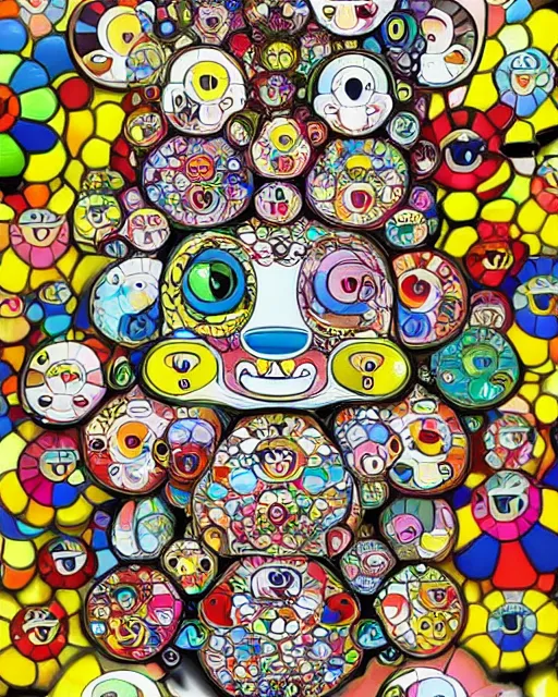 Prompt: triple decker fantastical, cute, and beautiful hybrid of the anatomy of different animals, a humorous psychedelic creature concept design by Takashi Murakami and Toru Narita, in the style of Takashi Murakami, maximalist hyper detailed