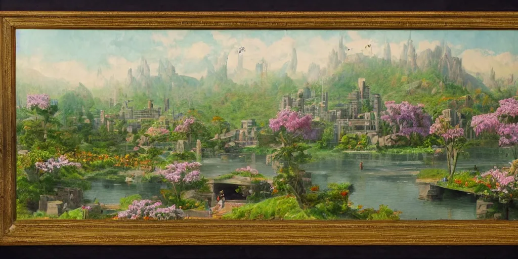 Image similar to establishing matte painting of a utopian city designed by frank lloyd wright in spring, flowers, trees, lake