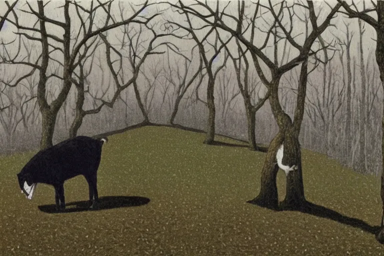 Image similar to torn mittens of the frostbitten hunter, leaning against the oak - tree and had almost fallen asleep when a clattering of hoofs awakened him, a snowdrop alex colville painting