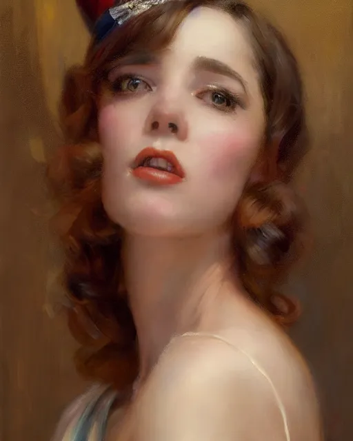 Prompt: daniel gerhartz and artgerm portrait digital realist painting of a 1 9 2 0 s beautiful woman at a party in a mansion, mansion interior in the background, unreal engine, hyper realism, realistic shading, cinematic composition, realistic render, octane render, detailed textures, photorealistic, ultrawide shot, 3 5 mm film