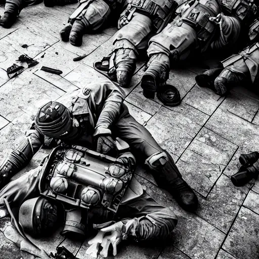 Image similar to Dramatic photo of a dying British mercenary wearing grey modern body armor holding a grenade while surrounded by corpses, photo by Adam Ferguson, Pulitzer Winning, cinematic composition, breathtaking, modern, 2022