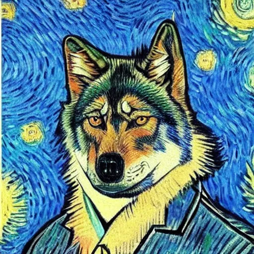 Image similar to retard wolf, van gogh, vivid colors, portrait paintin,