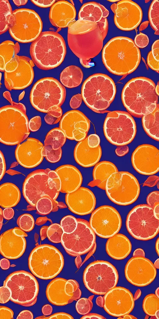 Image similar to a seamless repeating pattern of campari and oranges, colourful, symmetrical, repeating 35mm photography, in the style of toiletpaper magazine, surreal, high detail, photograph by Pierpaolo Ferrari