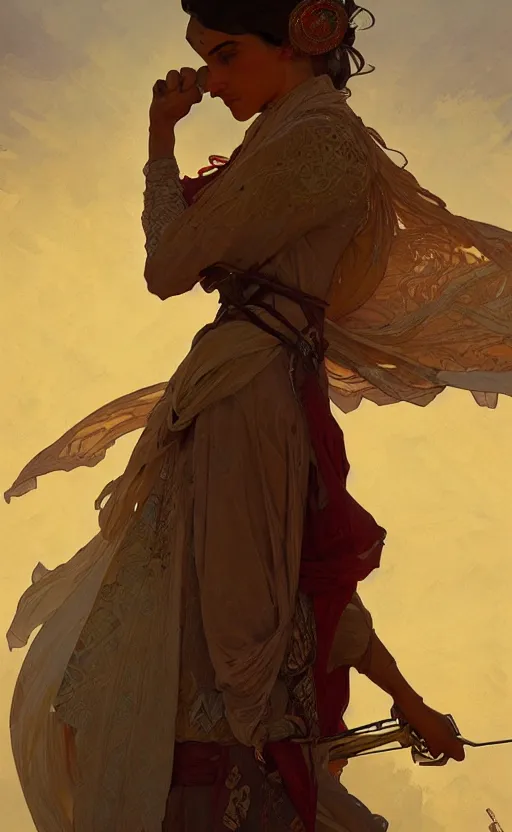 Prompt: a personification of the country morocco, highly detailed, digital painting, artstation, concept art, sharp focus, illustration, art by greg rutkowski and alphonse mucha