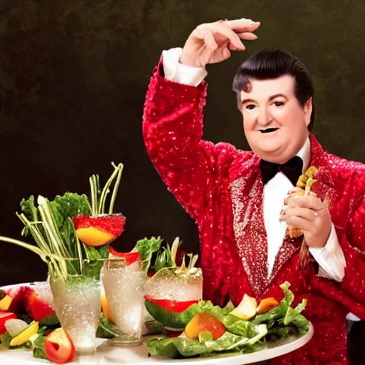 Image similar to liberace tossing a salad, bubbles coming out of his ears, glittery border,