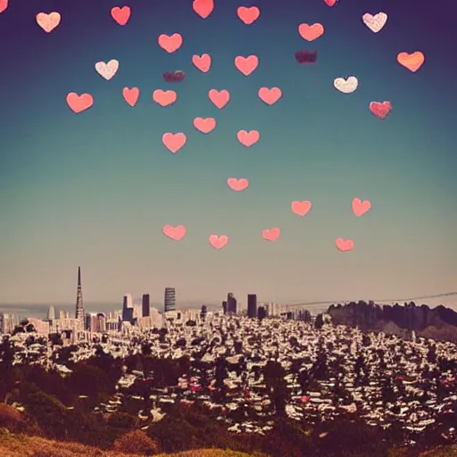 Image similar to “happy photo of twin peaks in San Francisco on a clear sunny day, surrounded by hearts in the sky”