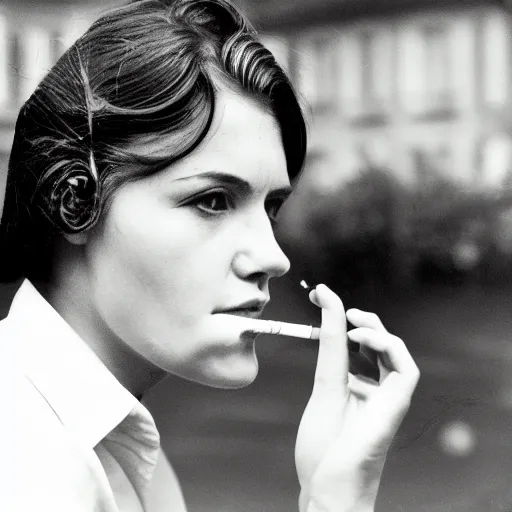 Prompt: Close-up portrait photo of woman smoking a cigarette, retro, kodak film photo