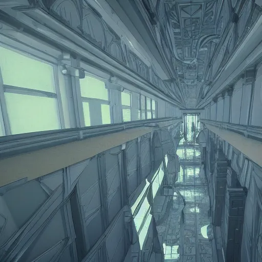 Image similar to a flood of slime in a bright white hallway with many doors and many stairs, Mc Escher architecture, epic composition, by Makoto Shinkai