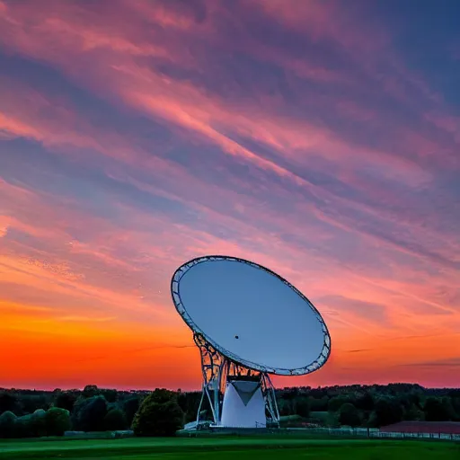 Prompt: Jodrell Bank radio telescope dish with solid panels at sunset photographed across the Cheshire plane with a wide lens