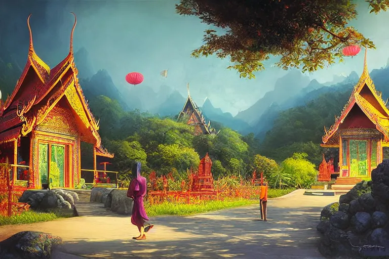 Prompt: summer morning, thai temple, rolling mountain, very coherent and colorful high contrast, art by gediminas pranckevicius, dark shadows, hard lighting