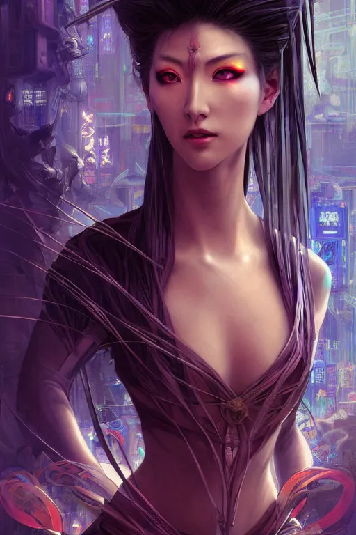 Image similar to beautiful magician and evil and stuunning and mythical female ninja portrait+shiny eyes+light flowing hair, in cyberpunk night ruin tokyo temple, ultradetail face, art and illustration by tian zi and craig mullins and WLOP and alphonse mucha, rim lght, fantasy, intricate complexity, human structure, fantasy world concept, watermark, blurry, hyperrealism 8k