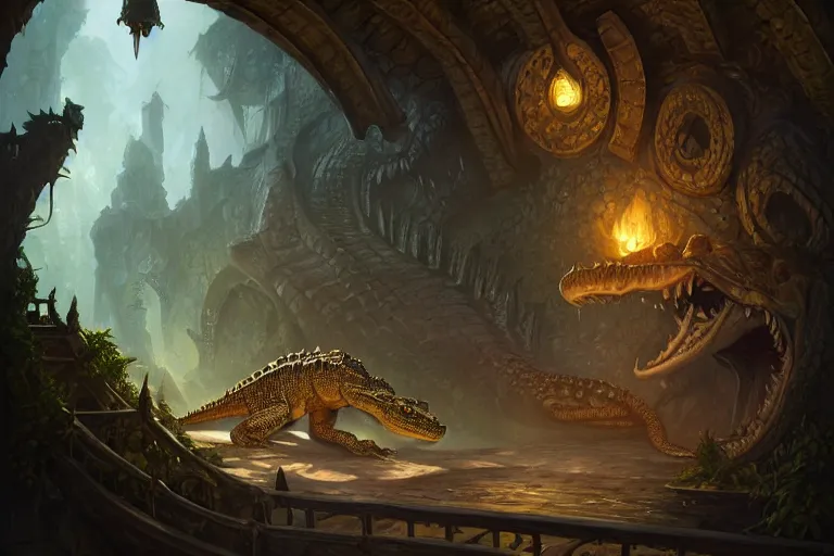 Image similar to crocodile emperor lair, deep focus, d & d, fantasy, intricate, elegant, highly detailed, digital painting, artstation, concept art, matte, sharp focus, illustration, hearthstone, art by artgerm and greg rutkowski and alphonse mucha