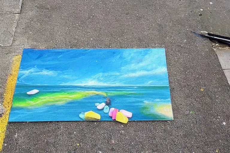 Prompt: artist makes incredible painting on top of littered chewing gum