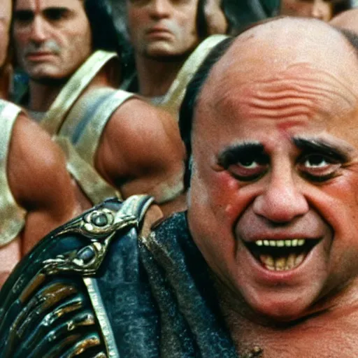 Prompt: danny devito as a roman praetorian in the streets of ancient rome, color film still