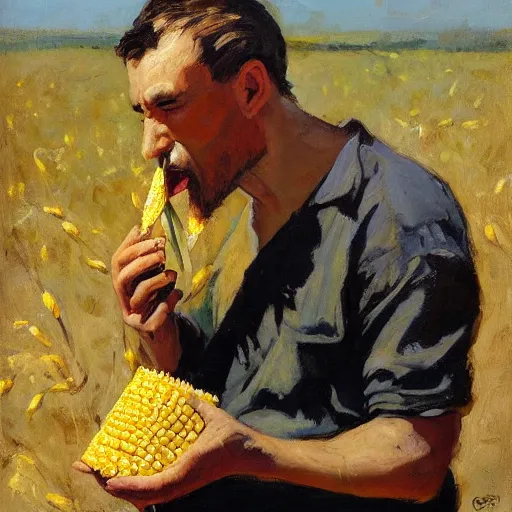 Image similar to a highly detailed beautiful portrait of man enjoying corn on the cob, by gregory manchess, james gurney, james jean