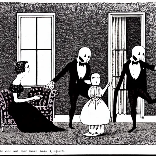 Prompt: Edward Gorey illustration of a victorian living room with costumed people dancing