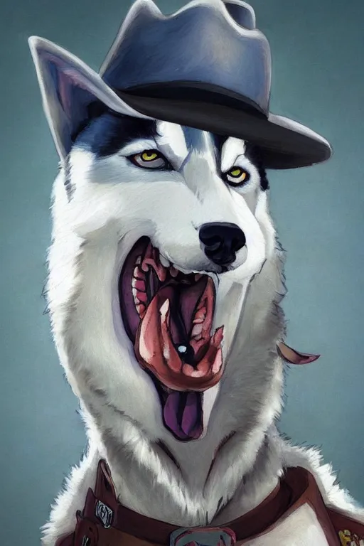 Prompt: a portrait painting of a husky in cowboy costume, wearing a cowboy hat, by studio ghibli, in the style of anime, [ western film ], humanoid, personify, anthropomorphic, trending on artstation