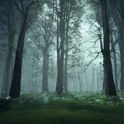 Image similar to 8 k hd detailed octane render of a haunted forest at midnight