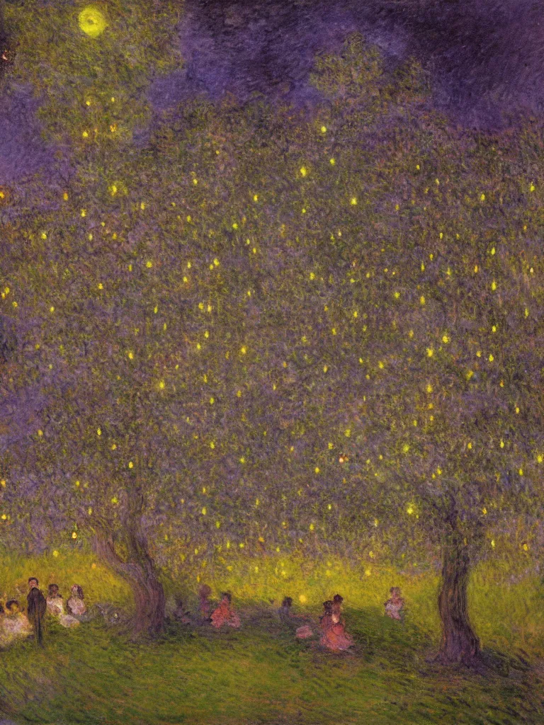 Prompt: gauzy impressionist painting of my backyard in the dark evening with an old apple tree with people! dancing in the moonlight and fireflies, dark purplish cast, color oil painting by claude monet and piet mondrian, cosmic trending on artstation 8 k