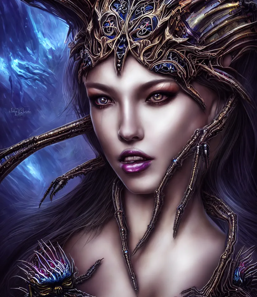 Image similar to close up portrait on the enchanting femenine queen of the zerg, hyper attractive, seductive, very complex, hyper-maximalist, overdetailed, legendary cinematic, darkfantasy, archetype with timeless beauty breathtaking eyes, her spider like legs spread evenly around her framing the image, collossal alien ship in the sky behind her, highly intricate, digital art, very elegant, HDR 8K, biblical art, realism, incomprehensible yet perspicious detail, unbeatable quality, silent hill aesthetic, photorealistic, lifelike, DSLR 8k, unbeatable coherency, Omnious intricate, octane render, created Nixeu & z--ed from deviantart