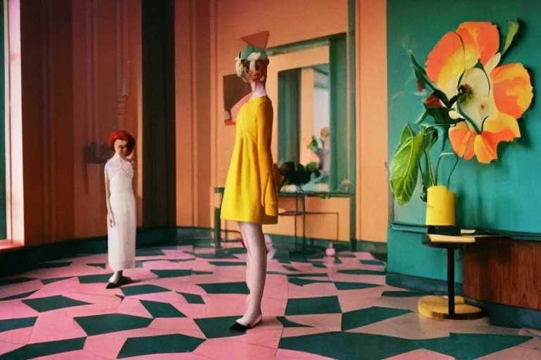 Prompt: giant flower head, girl standing in 1 9 6 0 s hotel, surreal photography, symmetry, mid century, liminal space, bright colours, wes anderson