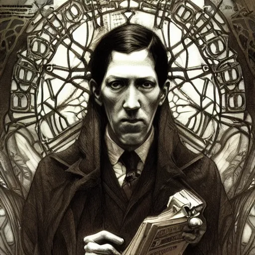 Image similar to amazing lifelike award winning pencil illustration of h.p. lovecraft trending on art station artgerm Greg rutkowski alphonse mucha cinematic