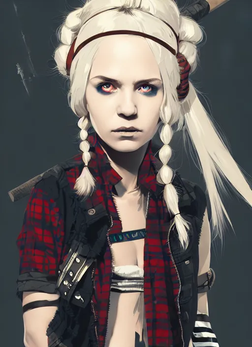 Image similar to highly detailed closeup portrait of a sewer punk swedish female barbarian student, tartan garment, blonde hair pigtails with headband by atey ghailan, by greg rutkowski, by greg tocchini, by james gilleard, by joe fenton, by kaethe butcher, gradient sapphire, black, brown and white color scheme, grunge aesthetic!!! white graffiti tag wall background