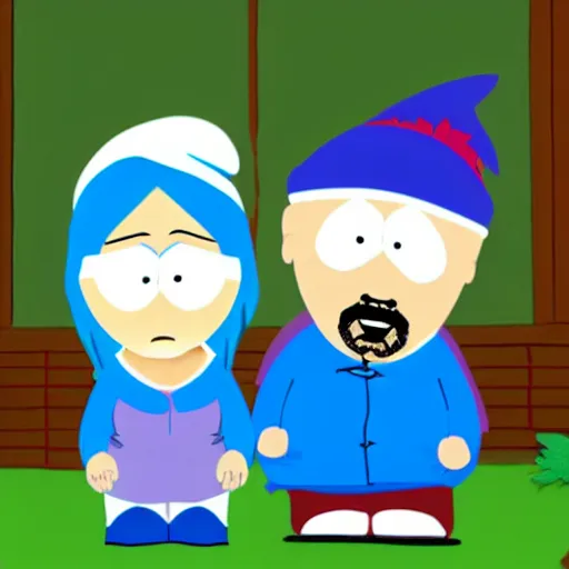 Prompt: Papa Smurf and Smurfette in the style of South Park