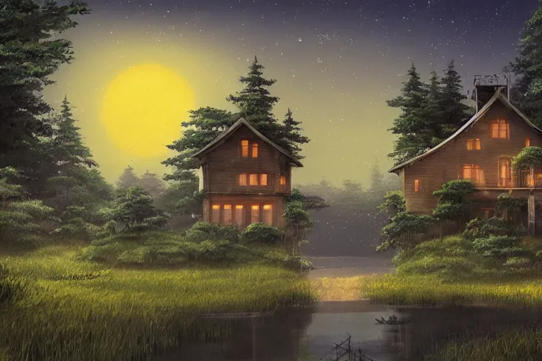 Image similar to A highly detailed matte painting of a lone house at night, forest, beautiful scenery, gas lamps, by Studio Ghibli