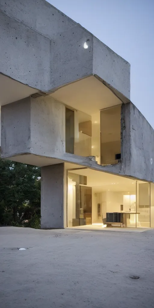 Prompt: a night photo of a minimalist contemporary house with large, bright windows. The house is made from highly eroded cast concrete. The concrete has large holes and deep crevices that glow warmly in the night air. There is a party and the house is crowded with many people. The house is standing upright. The house is centered in the frame. The house has a starry sky above it. Moss is growing in the hundreds of eroded crevices.