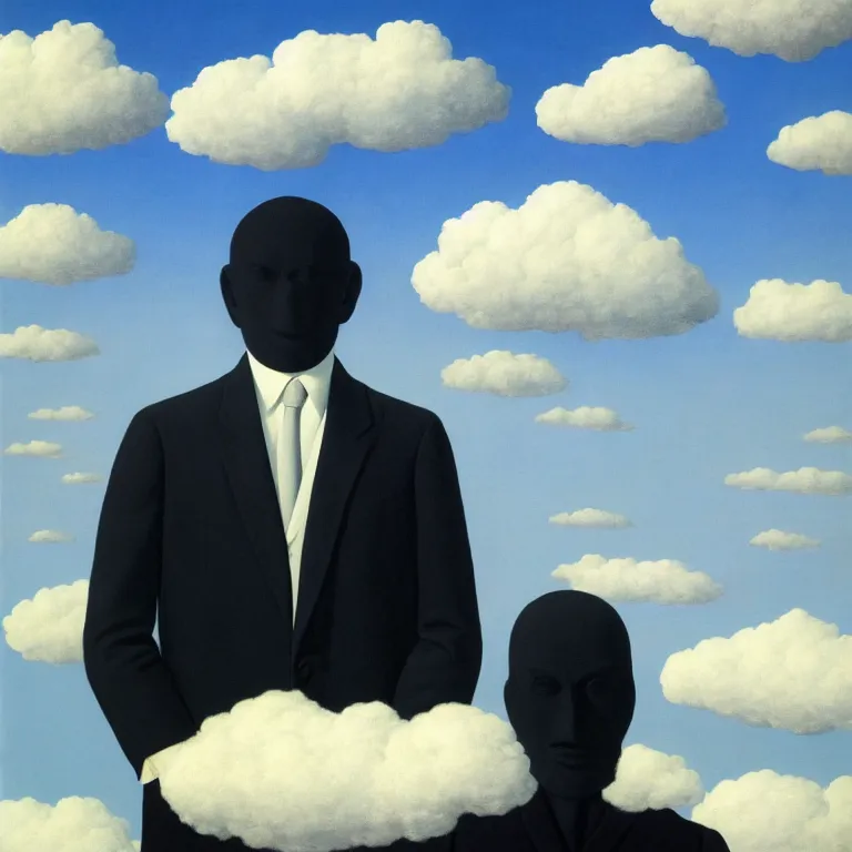 Prompt: portrait of a faceless shadow - head man in a suit, clouds in the background, by rene magritte, detailed painting, distance, middle centered, hd, hq, high resolution, high detail, 4 k, 8 k