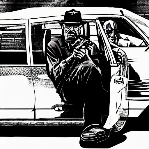 Image similar to old man in car holding gun, gta san andreas art