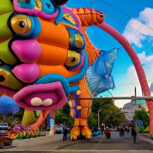 Prompt: elaborate, giant, massive, detailed, shiny, 3 d, pastel, blowup balloon dragon with eyes and mouth, twisting geometry, floating in a 3 d painted sky, cinematic, 3 d designed city, 4 k by'eva cremers'and'lesley barnes'and'jordan coelho'