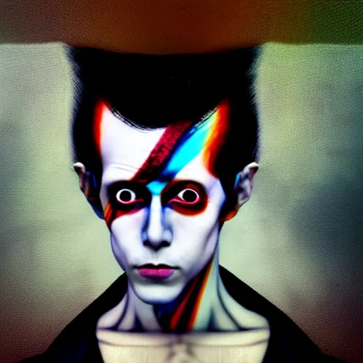 Image similar to yoshitaka amano blurred and dreamy realistic three quarter angle portrait of a aladdin sane with black lipstick and black eyes wearing dress suit with tie, junji ito abstract patterns in the background, satoshi kon anime, noisy film grain effect, highly detailed, renaissance oil painting, weird portrait angle, blurred lost edges