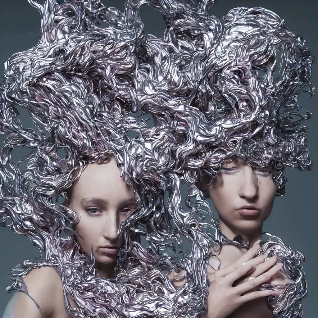 Prompt: flume_and flume_and_former_cover_art_future_bassgirl_unwrapped_statue_bust_curls_of_hair_petite_lush body_photography_model _body_art_futuristic_metal_material style of Jonathan Zawada-n 4