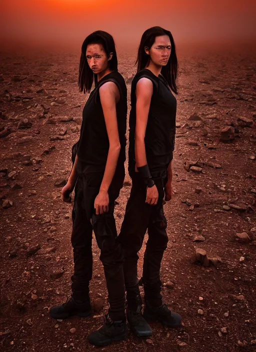 Image similar to cinestill 5 0 d photographic portrait by steve mccurry of two loving female androids wearing rugged black techwear on a desolate plain with a red sky in front of a brutalist structure, extreme closeup, cyberpunk style, dust storm, 8 k, hd, high resolution, 3 5 mm, f / 3 2, ultra realistic faces, ex machina