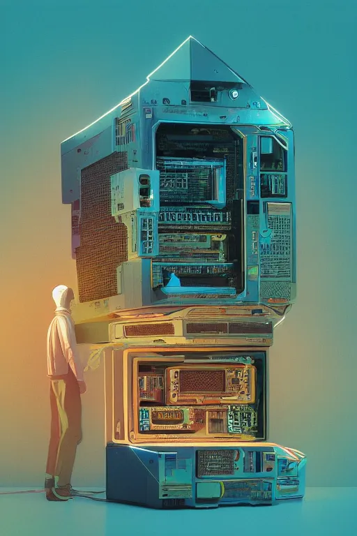 Image similar to Digital concept art, very highly detailed Haker that haking, siting inside the giant very highly detailed computer, by Beeple very highly Detailed by Guy Bourdin and Reka Nyari,on Pentax 67, Kodak Portra 400, soft Cyan Gold light, The Golden Ratio from the distance