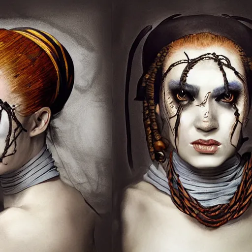 Image similar to portrait of a Shibari rope wrapped face and neck, headshot, insanely nice professional hair style, dramatic hair color, face paint half and half, digital painting, of a old 17th century Black Nun, amber jewels, baroque, ornate clothing, scifi, realistic, hyperdetailed, chiaroscuro, concept art, art by Franz Hals and Jon Foster and Ayami Kojima and Amano and Karol Bak,