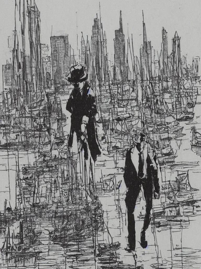 Prompt: a detective walking down the docks, city skyline in the background, by hugo pratt